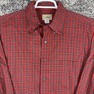 LL Bean Long Sleeve Button Shirt Mens Large Red Plaid‎ Cotton Lightweight USA